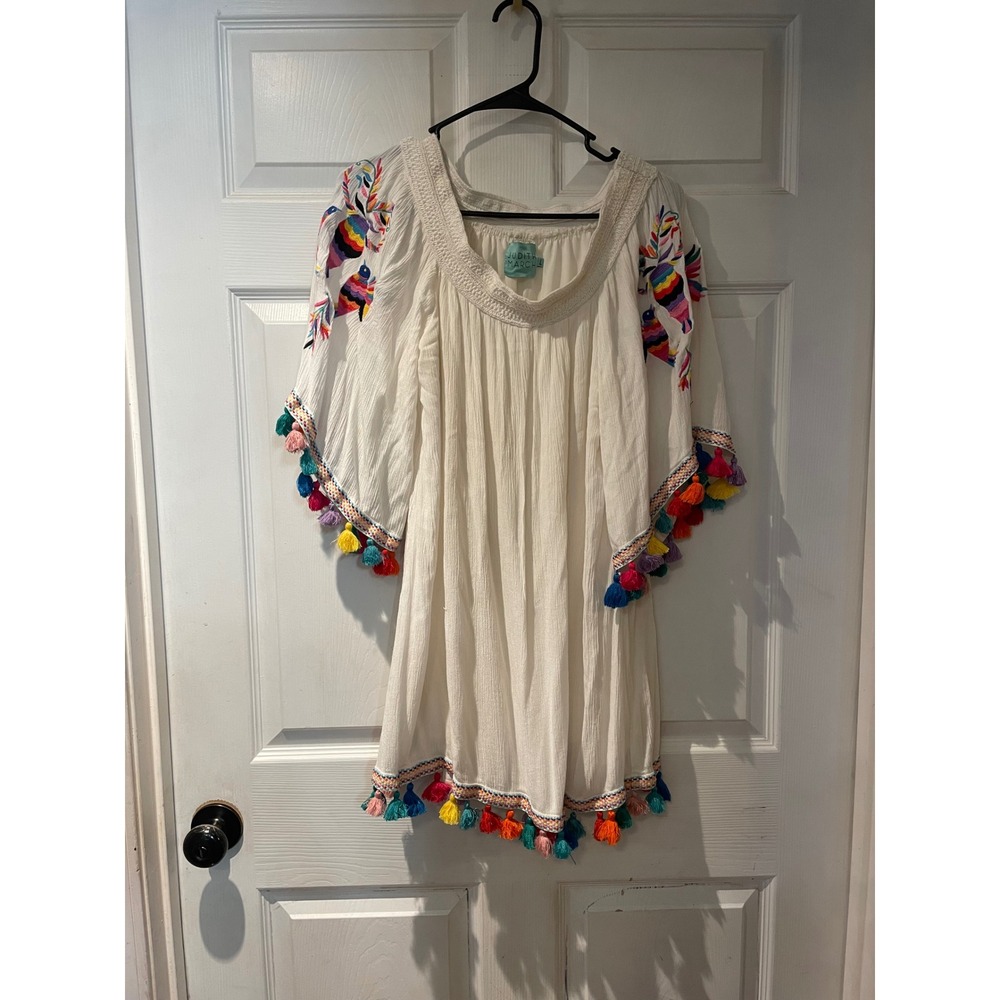 Judith March White Embroidered Tassel Mini Dress Tunic Boho Bird 1169D-1 Large